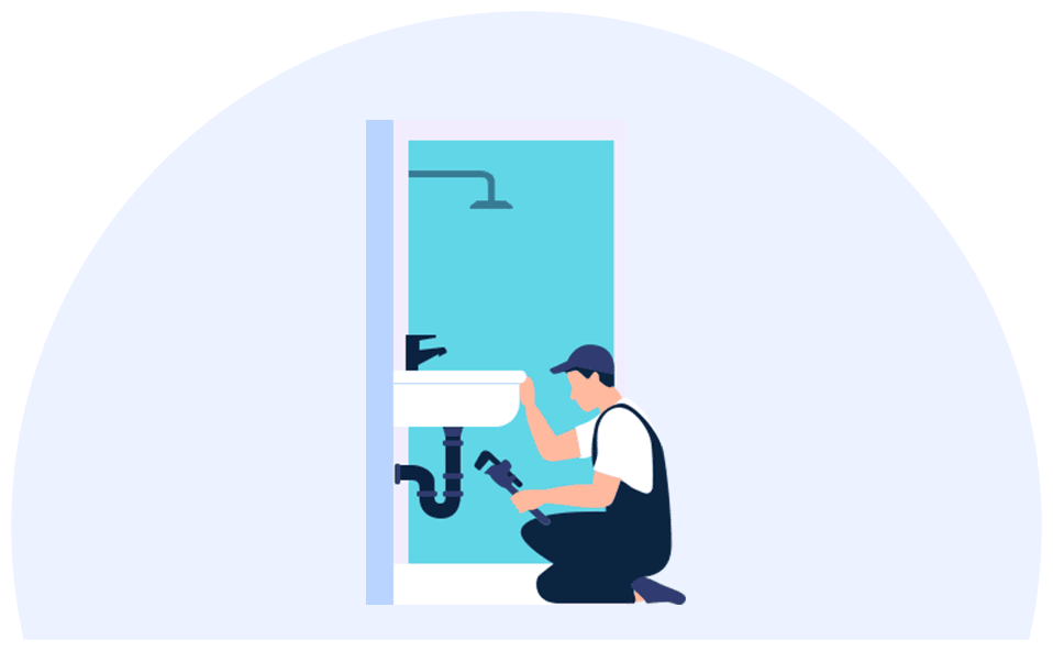 plumber repairing a sink in a home, illustrating loan-supported home repair and upkeep