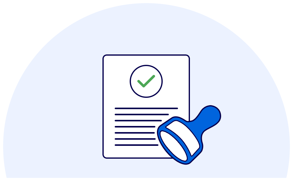 icon of an application form and a rubber stamp of approval signifying high approval rates