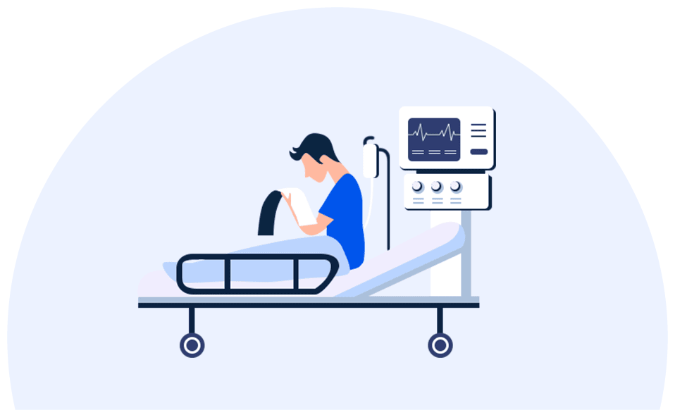 illustration of a person in a hospital bed reviewing their medical bill, which will be covered with the assistance of a medical emergency loan