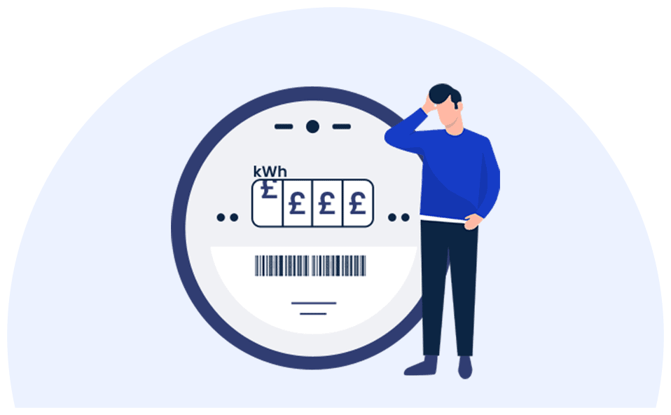 person standing next to an electricity meter, symbolizing financial aid for unexpected utility bills through loans