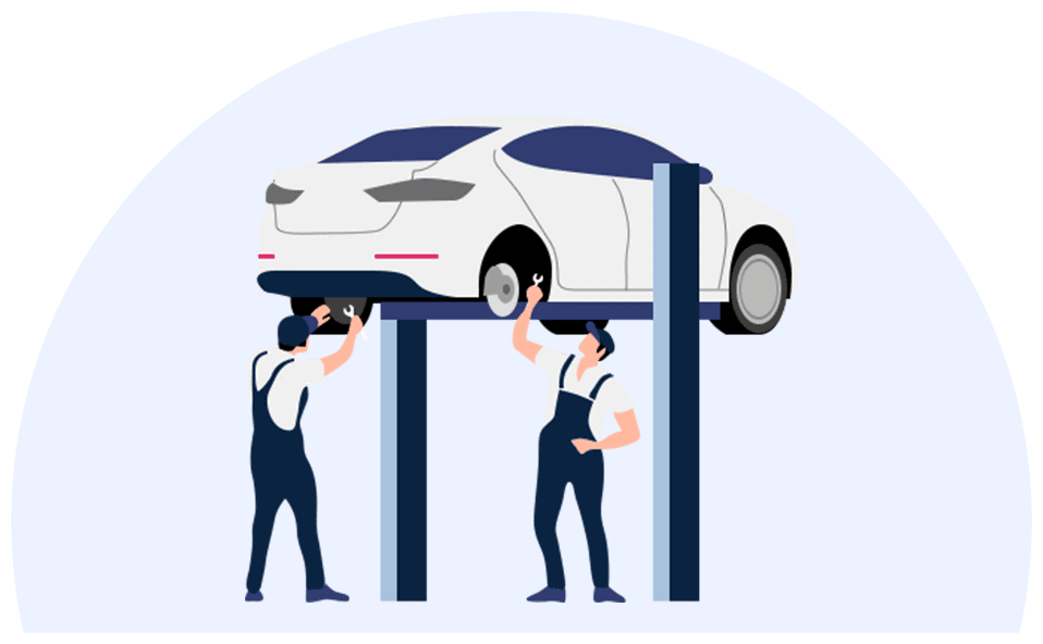 illustration of a car workshop with two mechanics working to repair a broken-down car, which will be paid for with a car repair loan